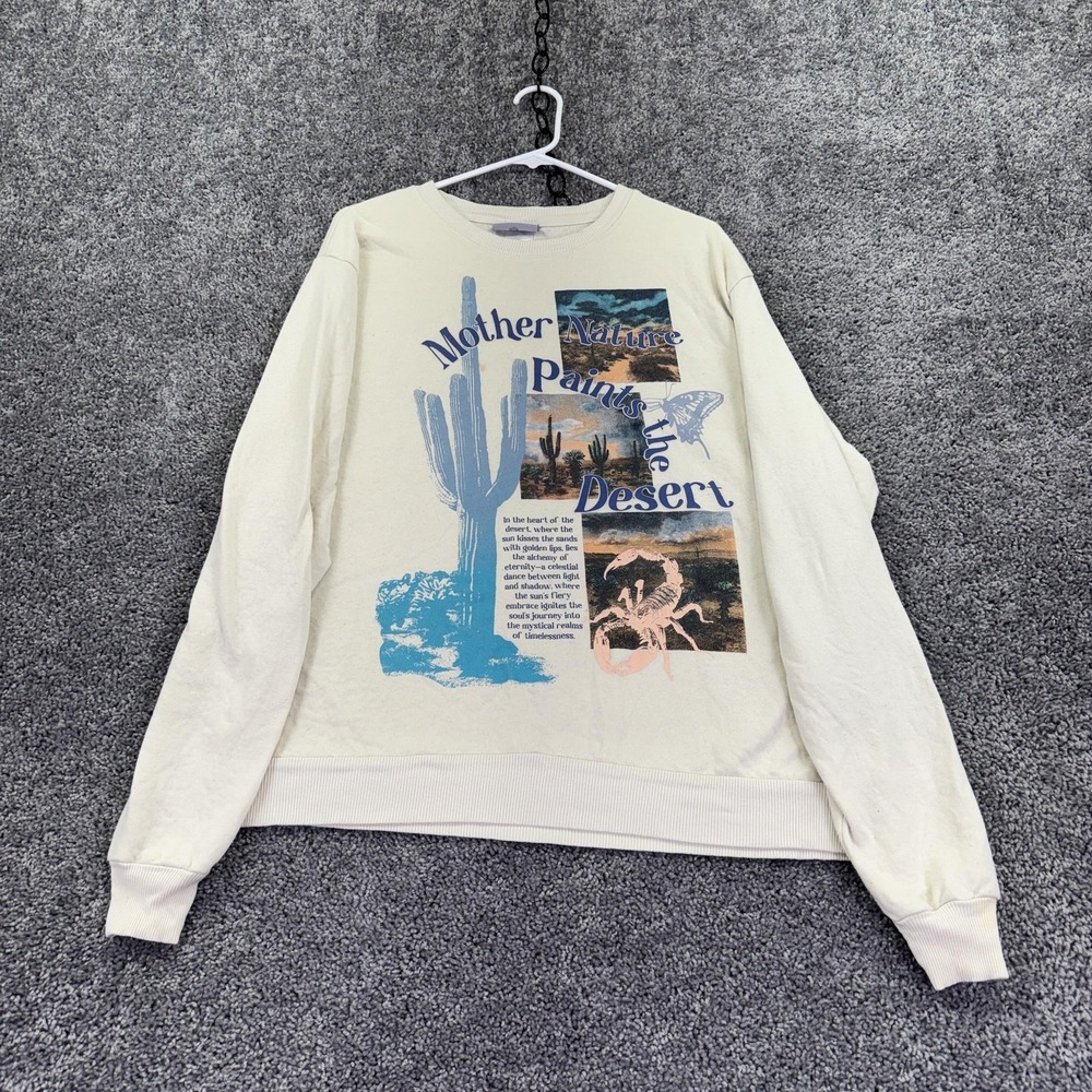 MODERNLUX Sweatshirt Womens Medium White Fleece Pullover Desert Cactus Graphic